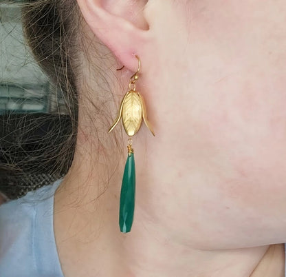 Bellflower and Green Onyx Teardrop Statement Earrings