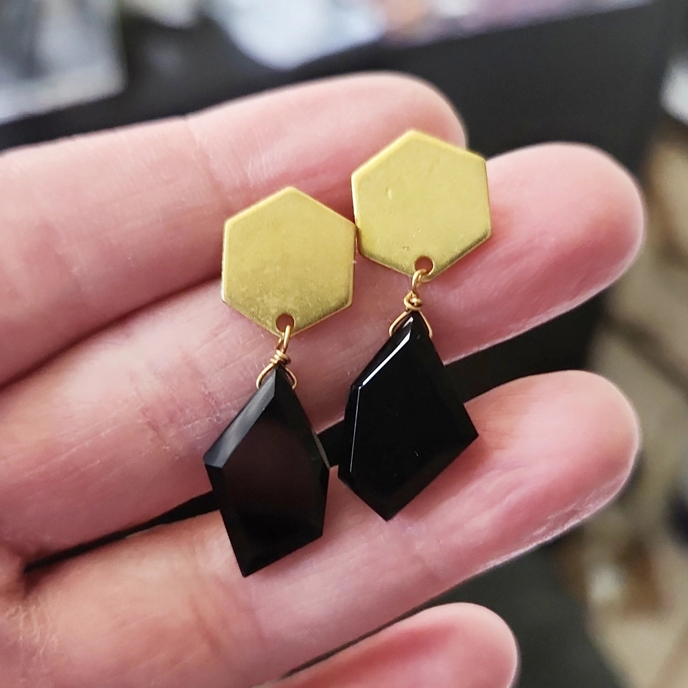 Geometric Faceted Black Onyx and Brass Earrings and Necklace