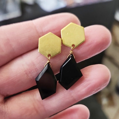 Geometric Faceted Black Onyx and Brass Earrings and Necklace