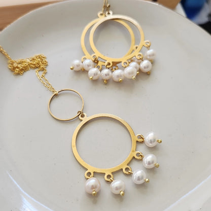 White Freshwater Pearl & Brass Chandelier Statement Jewelry