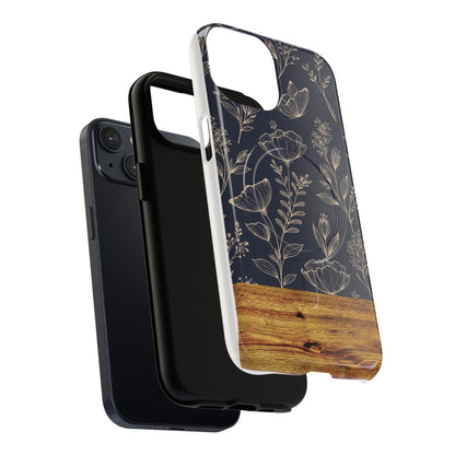Floral Woodgrain Tough Magnetic Phone Case — Navy Botanical Protection