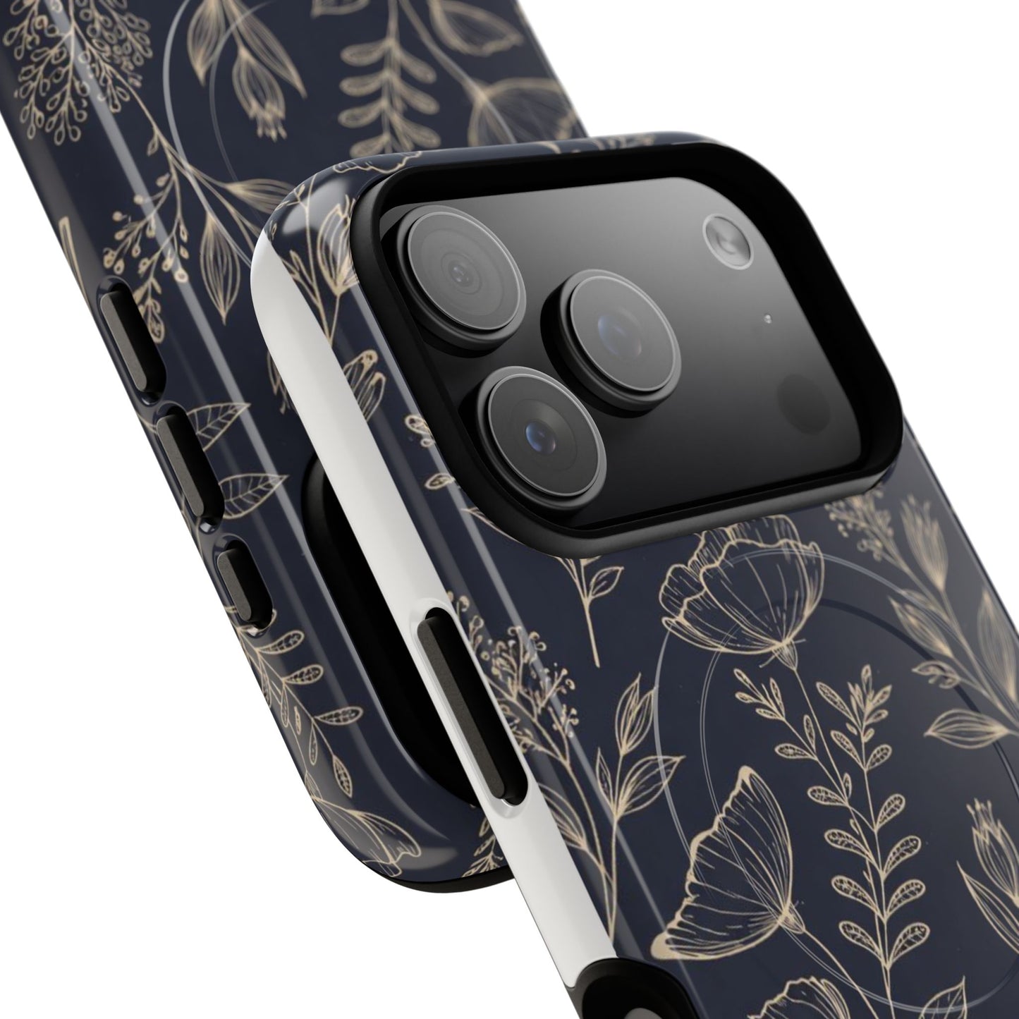 Floral Woodgrain Tough Magnetic Phone Case — Navy Botanical Protection