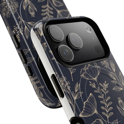 Floral Woodgrain Tough Magnetic Phone Case — Navy Botanical Protection
