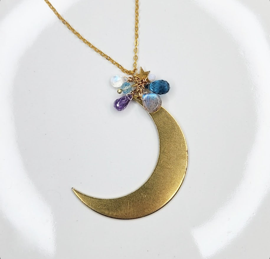 Gemstone Cluster with Moon & Star Zodiac Pendant Necklace