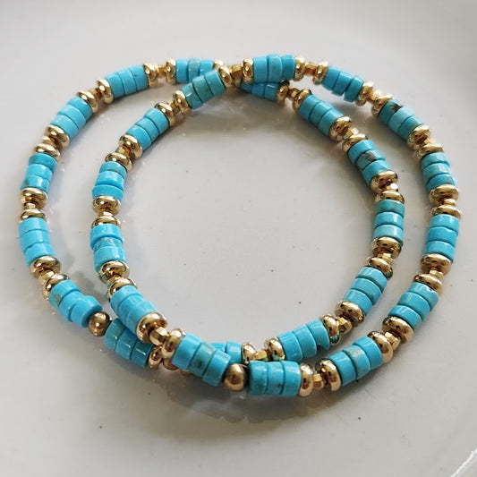 Blue Howlite and Brass Stackable Beaded Stretch Bracelets