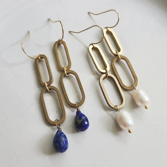 Brass Oval, Lapis Lazuli and Pearl Statement Dangle Earrings