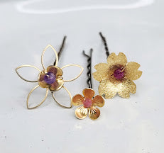 Brass Flower and Amethyst, Ruby and Tourmaline Hairpins