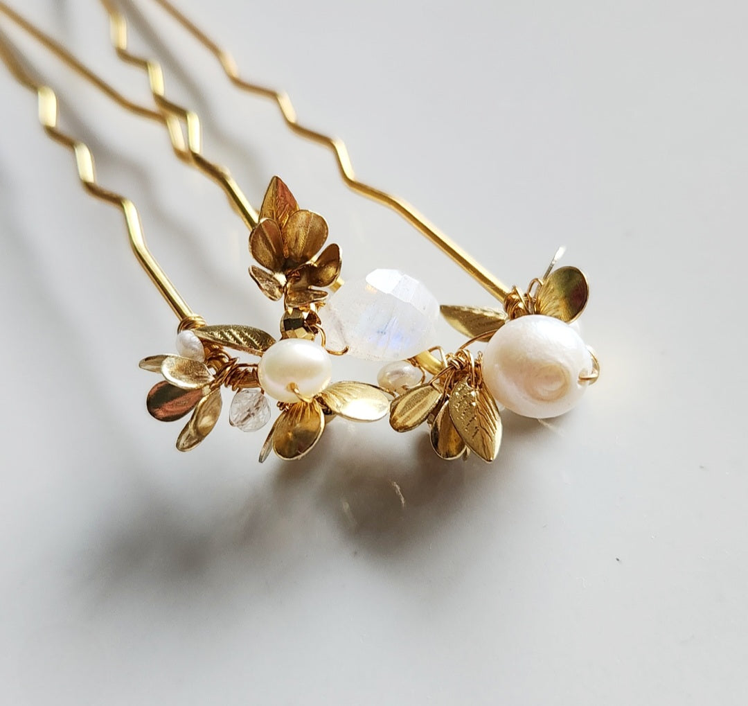 Flower Cluster Hairpins with Moonstone, Pearls and Brass