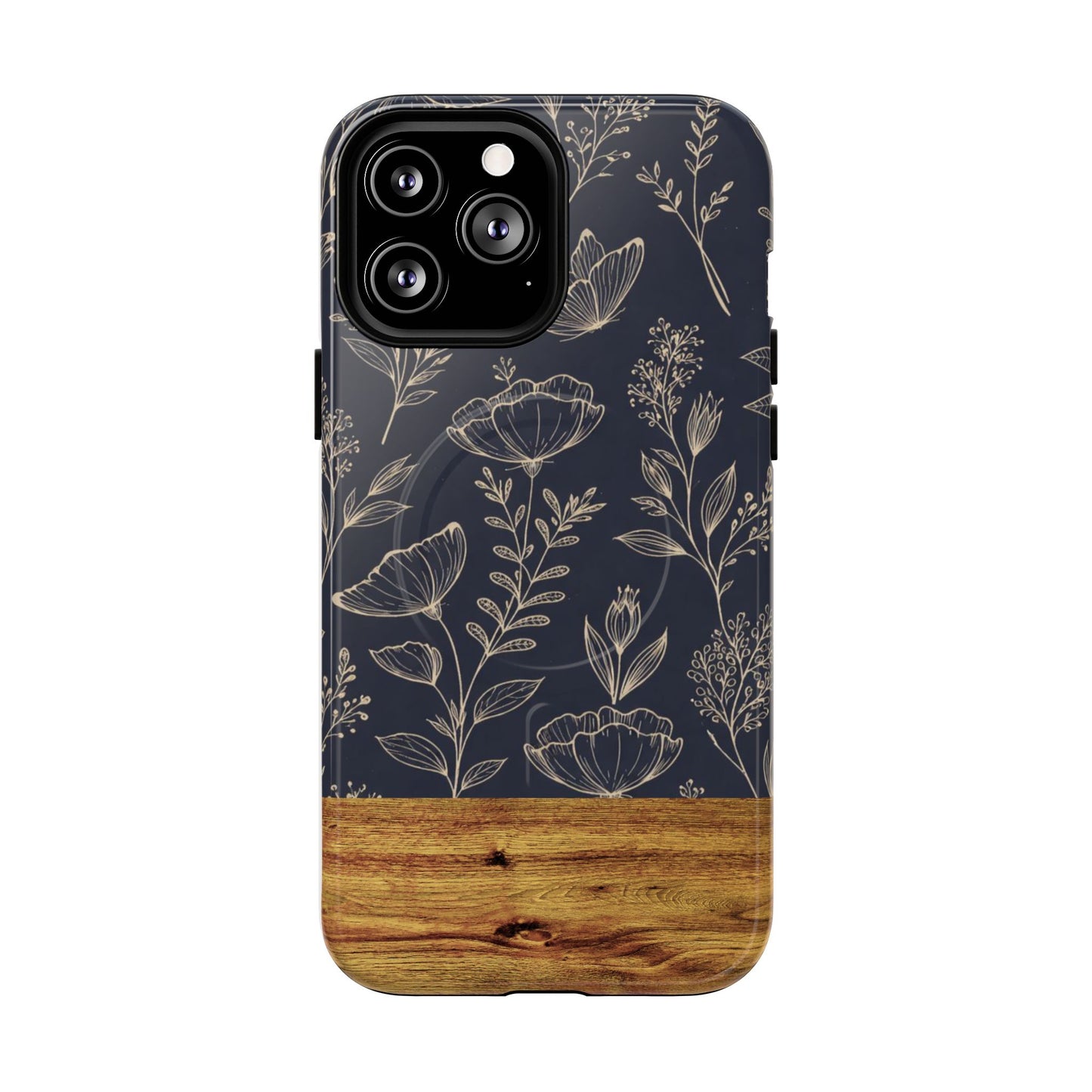 Floral Woodgrain Tough Magnetic Phone Case — Navy Botanical Protection