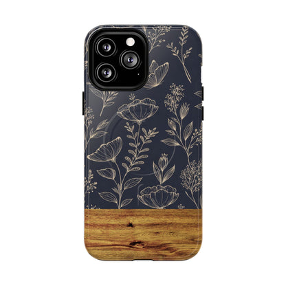 Floral Woodgrain Tough Magnetic Phone Case — Navy Botanical Protection