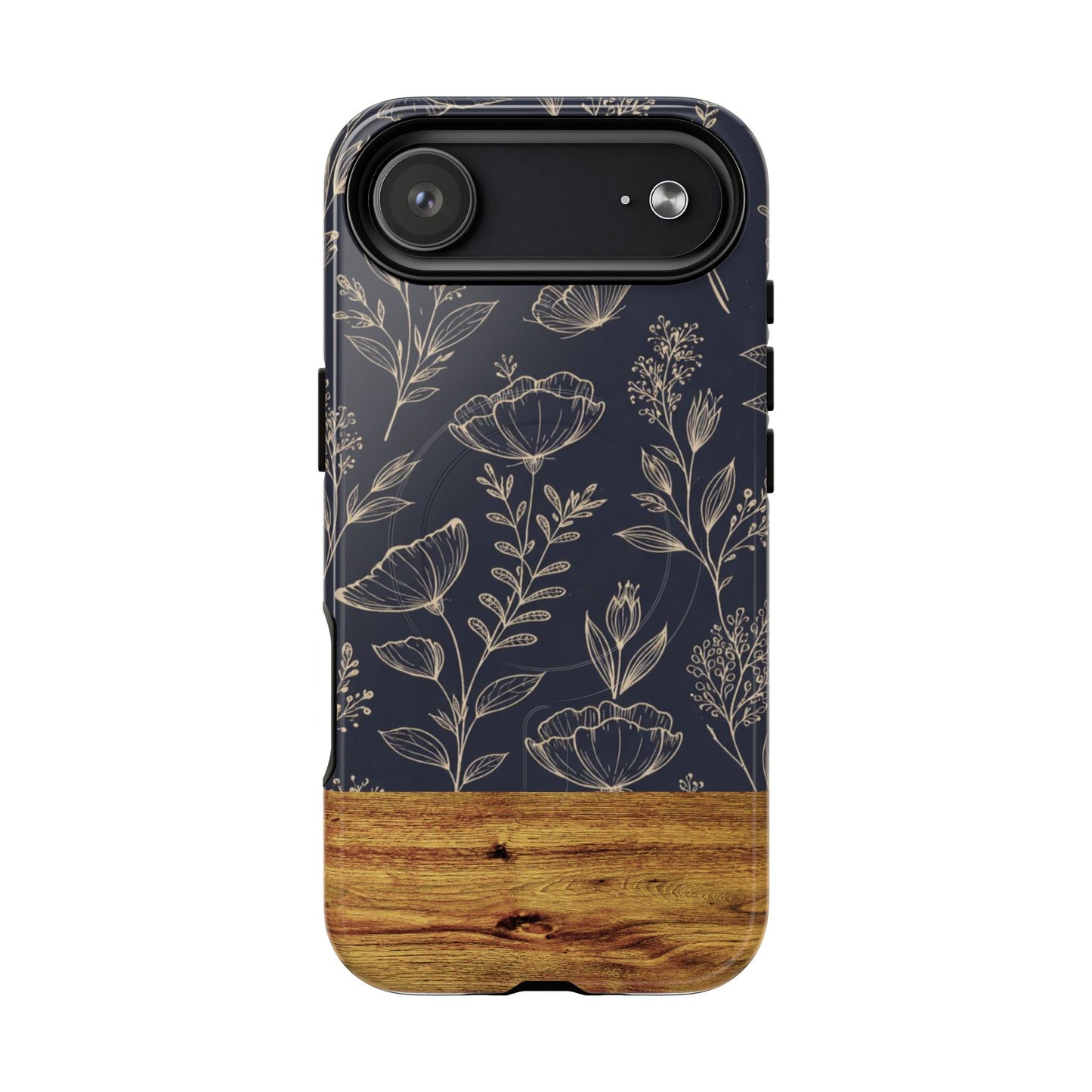 Floral Woodgrain Tough Magnetic Phone Case — Navy Botanical Protection