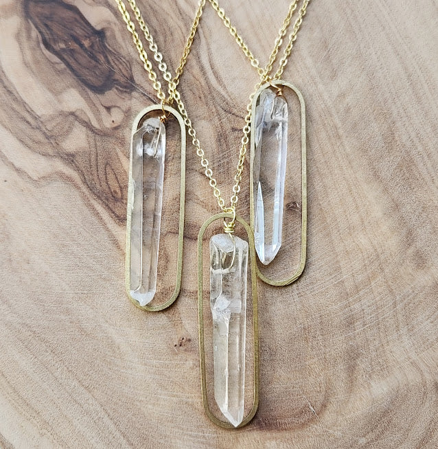 Clear Quartz Crystal and Brass Oval Pendant and Earrings