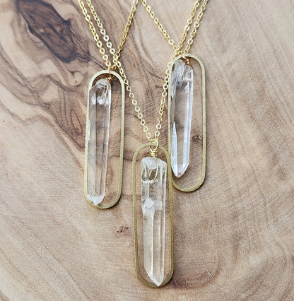 Clear Quartz Crystal and Brass Oval Pendant and Earrings