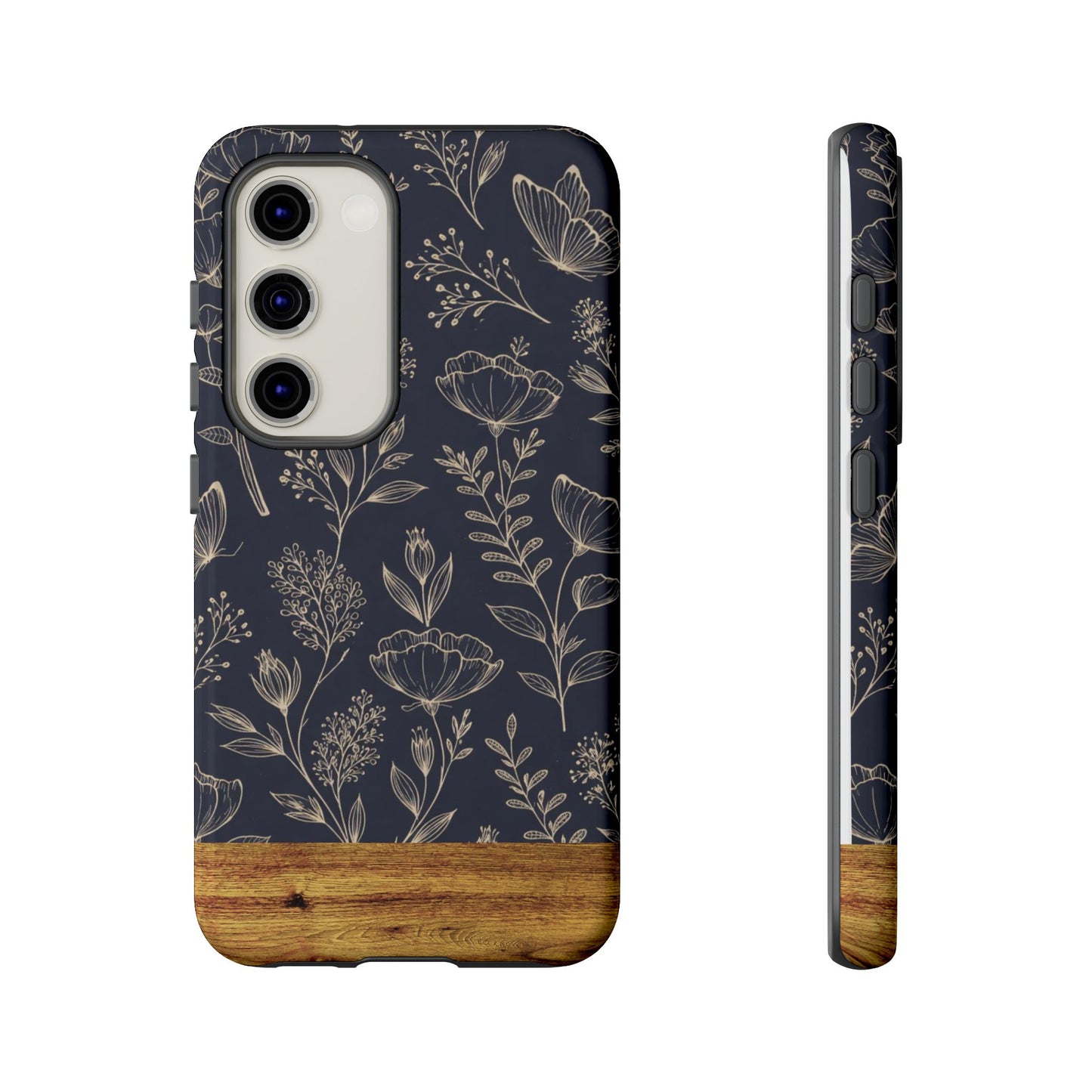 Floral Navy Tough Phone Case — Wood Accent Protective Cover