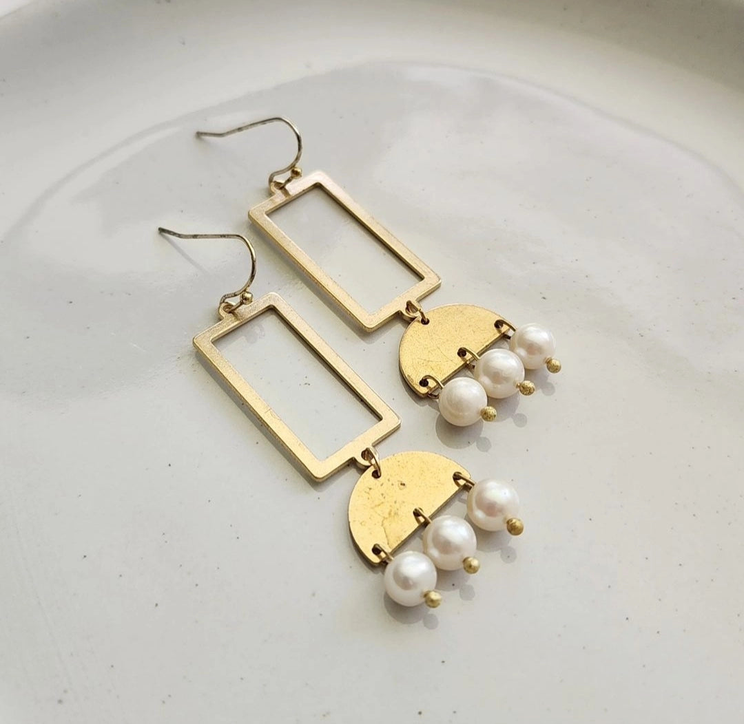 Freshwater Pearl and Brass Geometric Chandelier Earrings