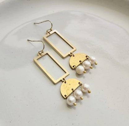 Freshwater Pearl and Brass Geometric Chandelier Earrings
