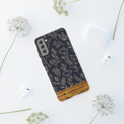 Floral Navy Tough Phone Case — Wood Accent Protective Cover