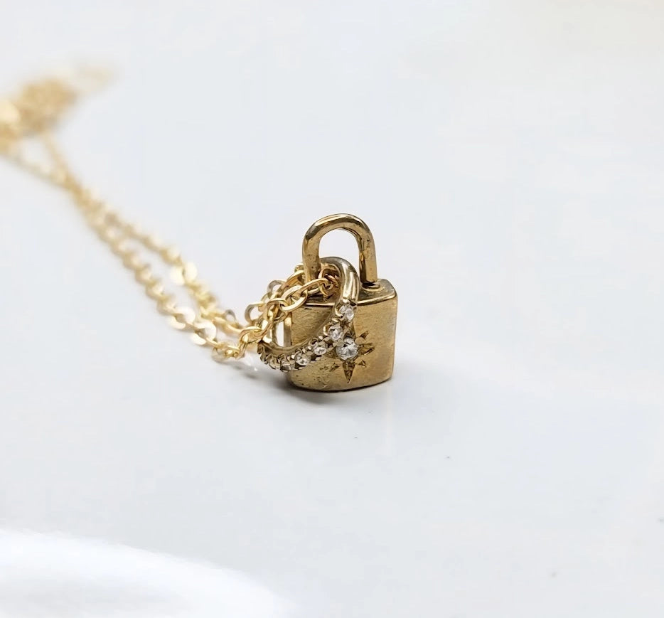Brass and Cubic Zirconia Lock & Ring Charm Pendant Necklace