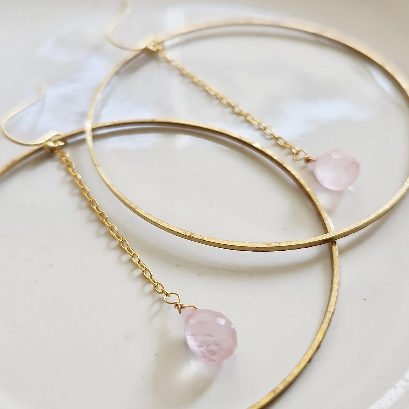 Faceted Rose Quartz Briolette and Brass Hoop Dangle Earrings