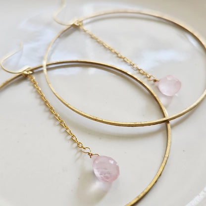 Faceted Rose Quartz Briolette and Brass Hoop Dangle Earrings