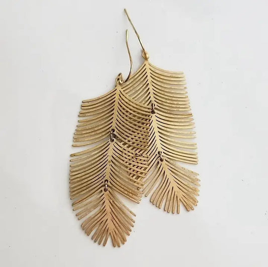 Brass Swaying Palm Leaf Statement Earrings, Symbolic Jewelry