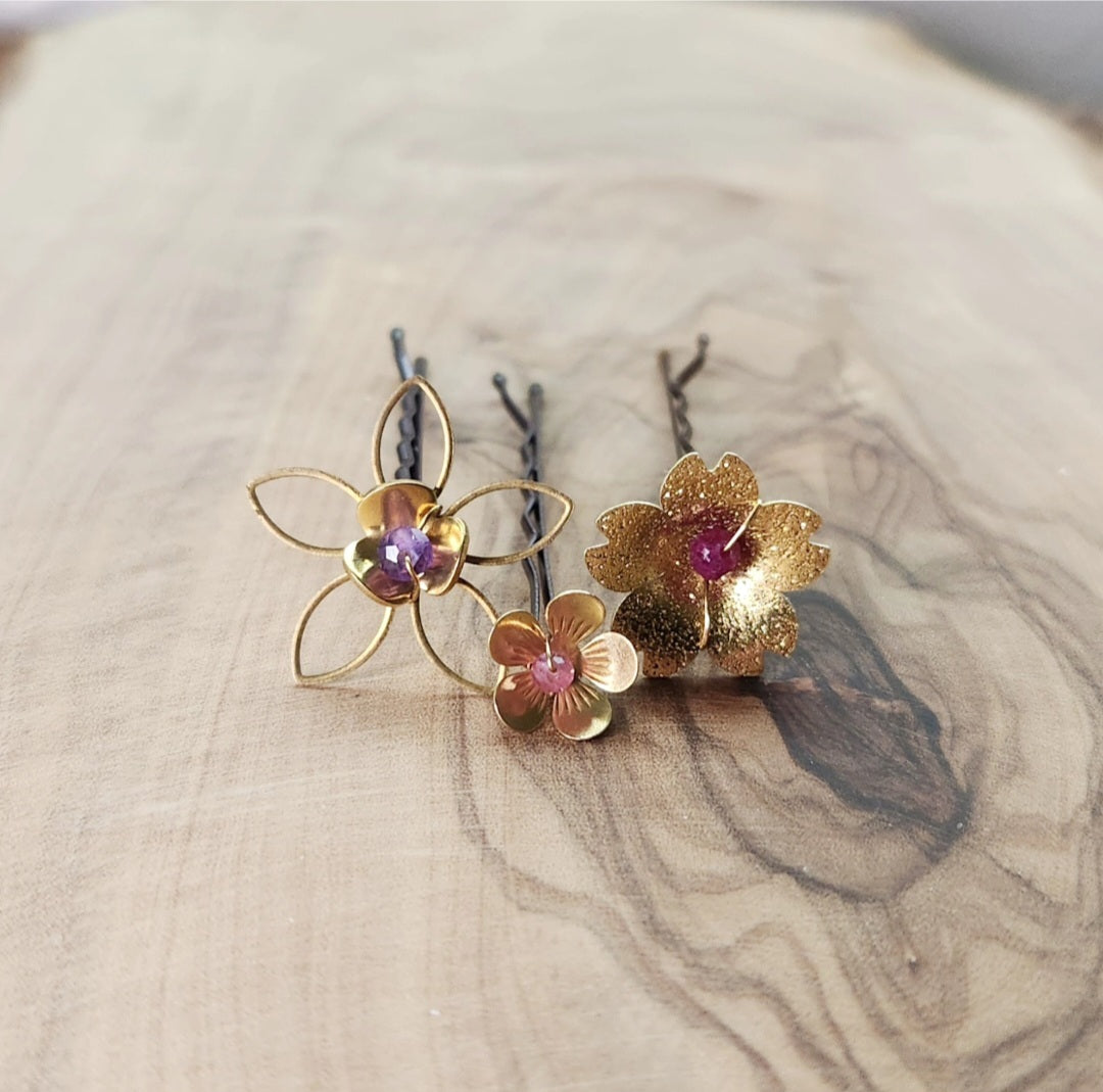 Brass Flower and Amethyst, Ruby and Tourmaline Hairpins