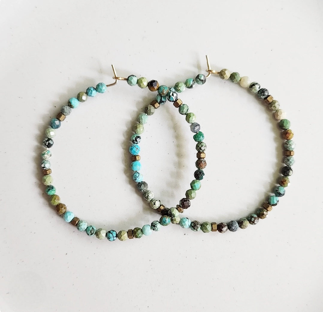 Blue Turquoise and Antiqued Brass Beaded Hoop Earrings