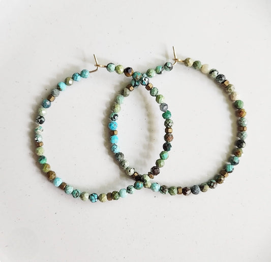 Blue Turquoise and Antiqued Brass Beaded Hoop Earrings