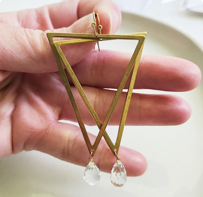Bold Brass Triangles and Gemstone Statement Dangle Earrings