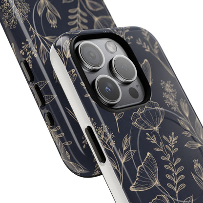 Floral Woodgrain Tough Magnetic Phone Case — Navy Botanical Protection