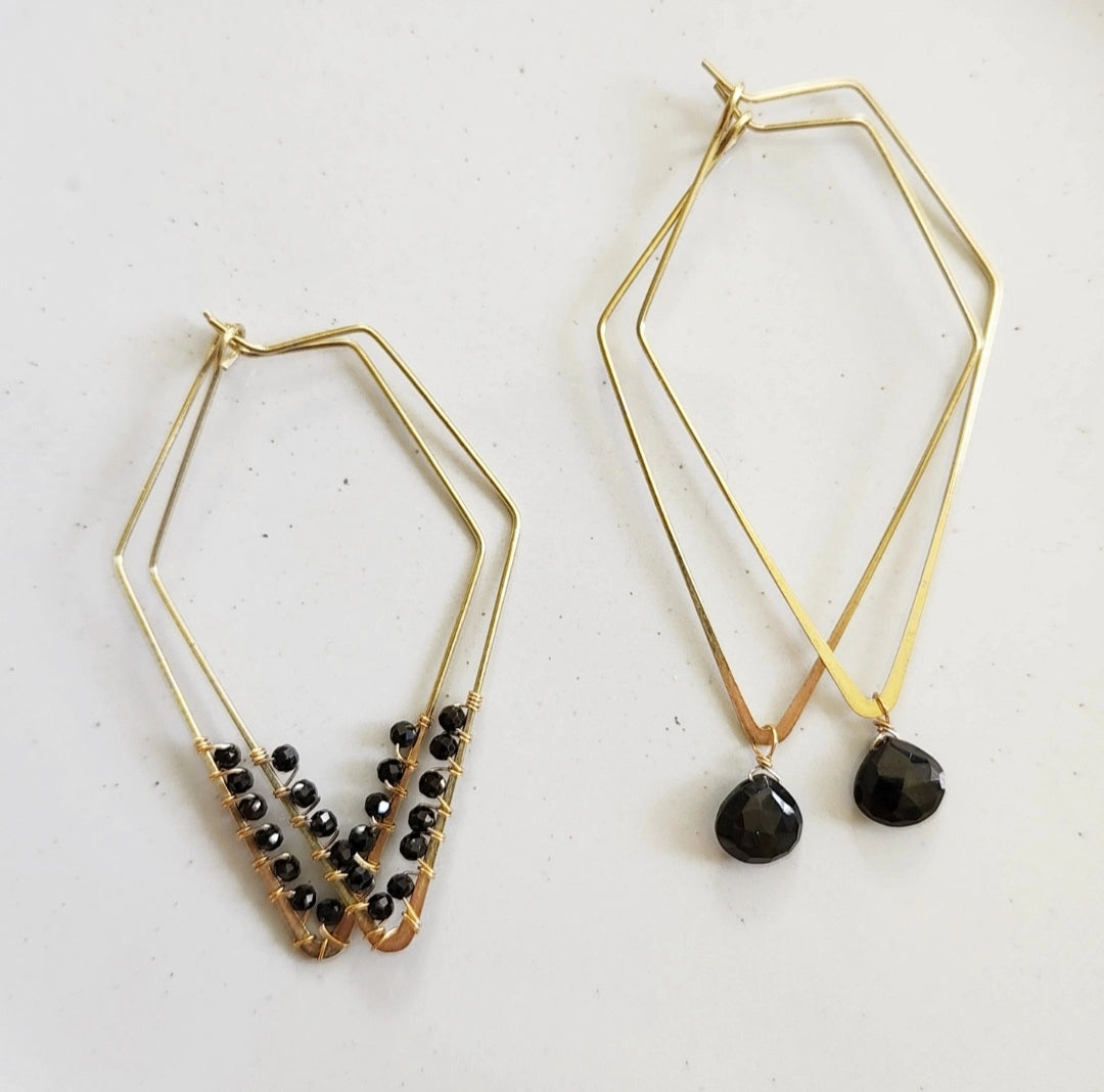 Wire Wrapped Black Spinel and Brass Diamond Hoop Earrings