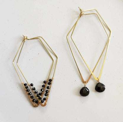 Wire Wrapped Black Spinel and Brass Diamond Hoop Earrings