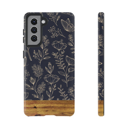 Floral Navy Tough Phone Case — Wood Accent Protective Cover