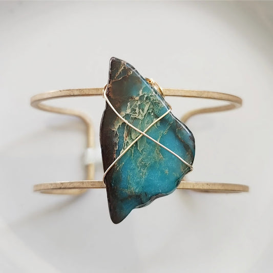 Sea Blue Magnesite/Ocean Jasper and Brass Adjustable Cuff