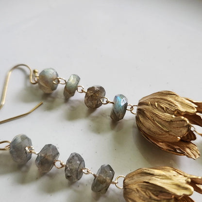 Faceted Labradorite and Textured Brass Tulip Dangle Earrings