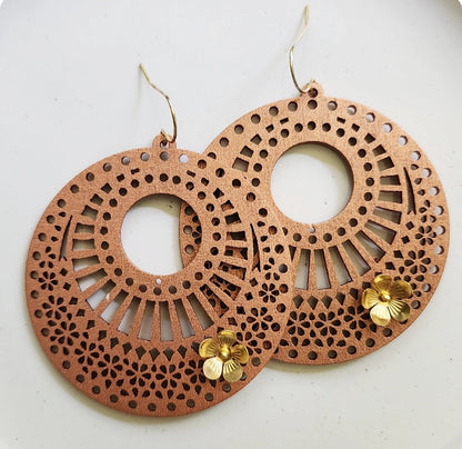 Wood & Brass Flower Boho Dangle Earrings, Polka Dot Details