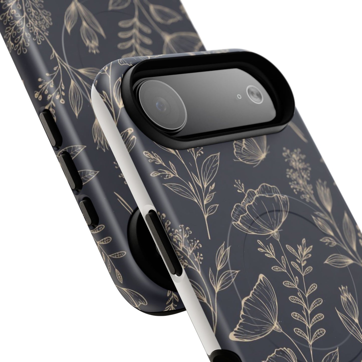 Floral Woodgrain Tough Magnetic Phone Case — Navy Botanical Protection