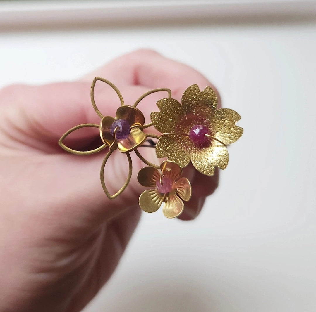 Brass Flower and Amethyst, Ruby and Tourmaline Hairpins