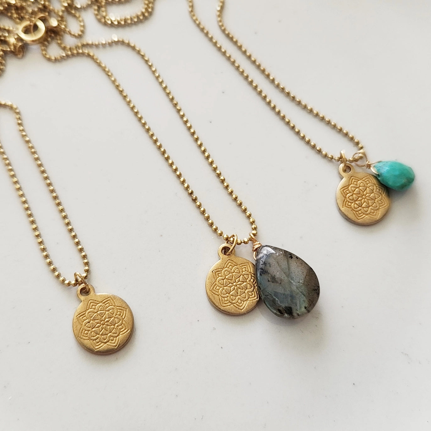 Gemstone and Brass Lotus Flower Charm Pendant Necklaces