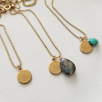 Gemstone and Brass Lotus Flower Charm Pendant Necklaces