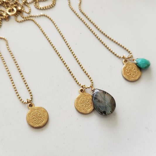 Gemstone and Brass Lotus Flower Charm Pendant Necklaces