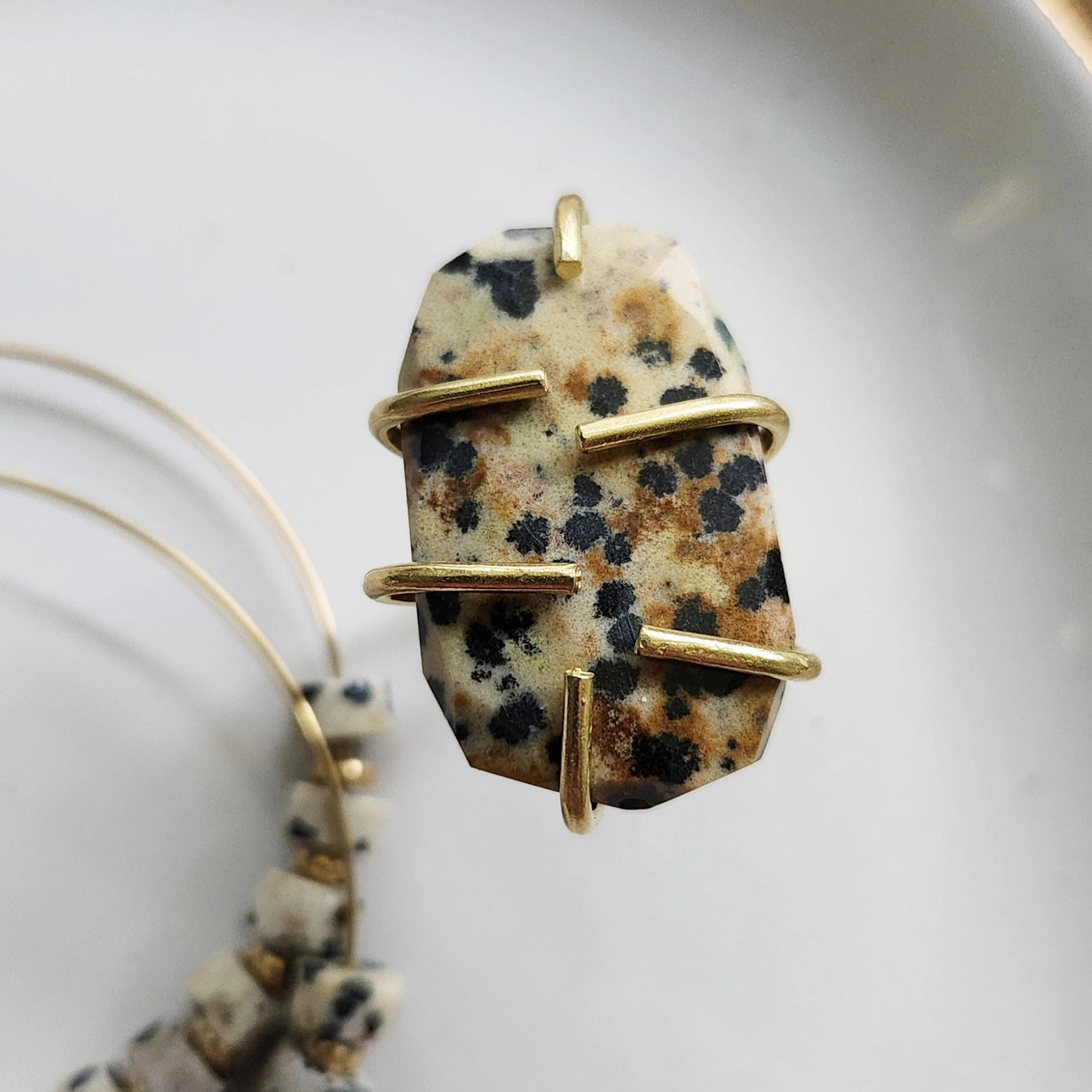 Grounding Dalmatian Jasper and Brass Hoop Earrings and Ring