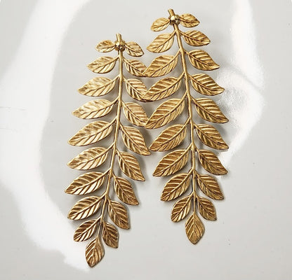 Brass Fern Frond and Boston Fern Post Statement Earrings