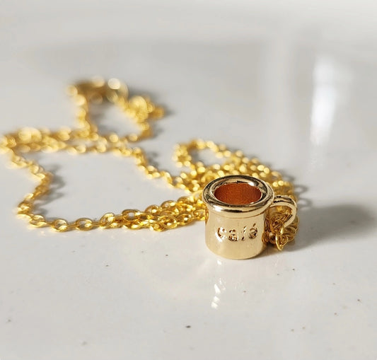 Gold Plated Cafe Inscribed Coffee Mug & Bean Charm Necklace