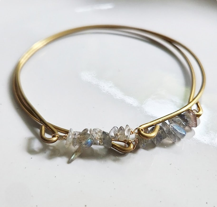 Natural Gemstone and Brass Stackable Beaded Bangle Bracelets