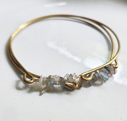 Natural Gemstone and Brass Stackable Beaded Bangle Bracelets
