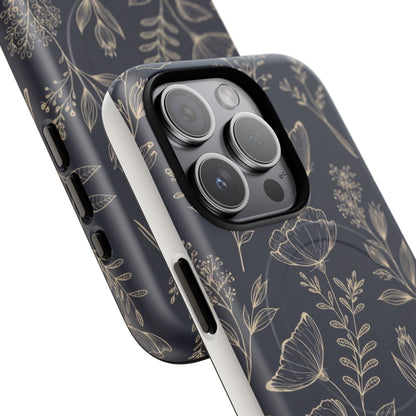 Floral Woodgrain Tough Magnetic Phone Case — Navy Botanical Protection
