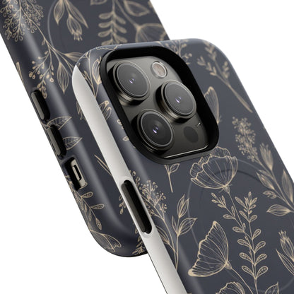 Floral Woodgrain Tough Magnetic Phone Case — Navy Botanical Protection