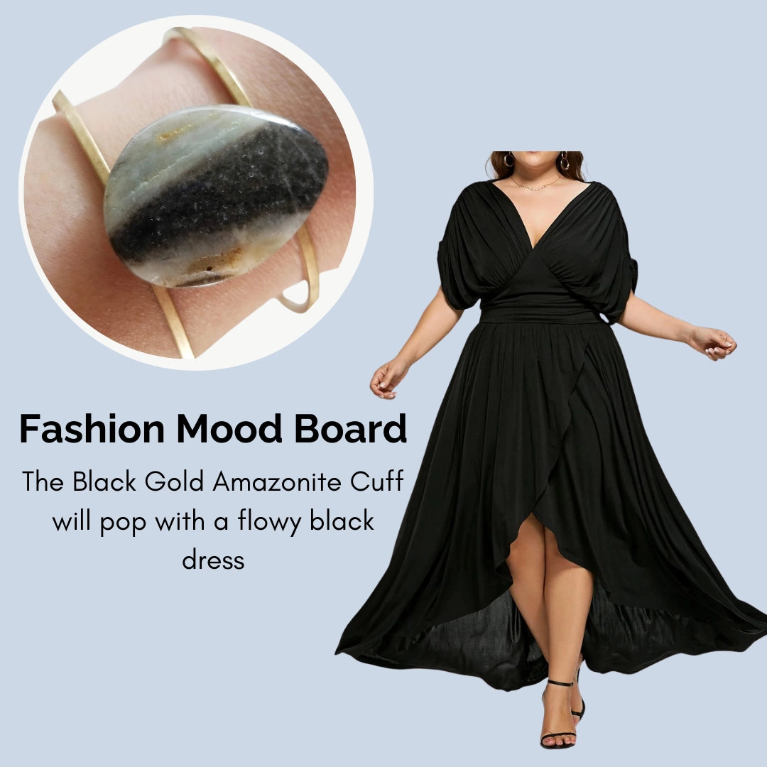 Wire Wrapped Black Gold Amazonite Teardrop and Brass Cuff