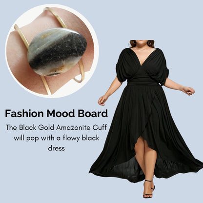 Wire Wrapped Black Gold Amazonite Teardrop and Brass Cuff